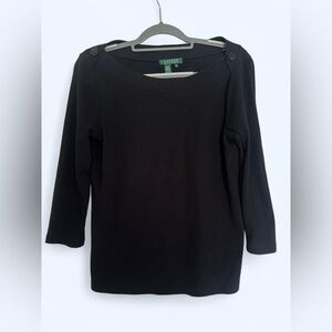 Lauren Ralph Lauren Women's Black Long Sleeve Top boat neck with button details